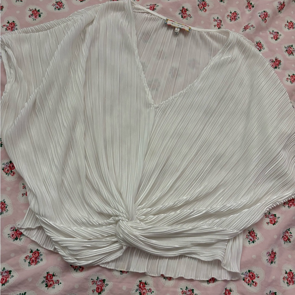 White Pleated Tie Front Blouse
